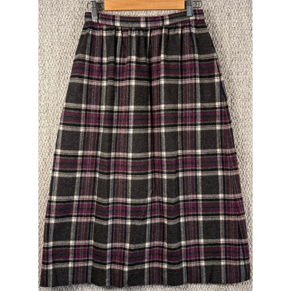 David Brooks Ltd Vintage Wool Plaid Midi Skirt 10 Grey Purple 80s 90s Academic